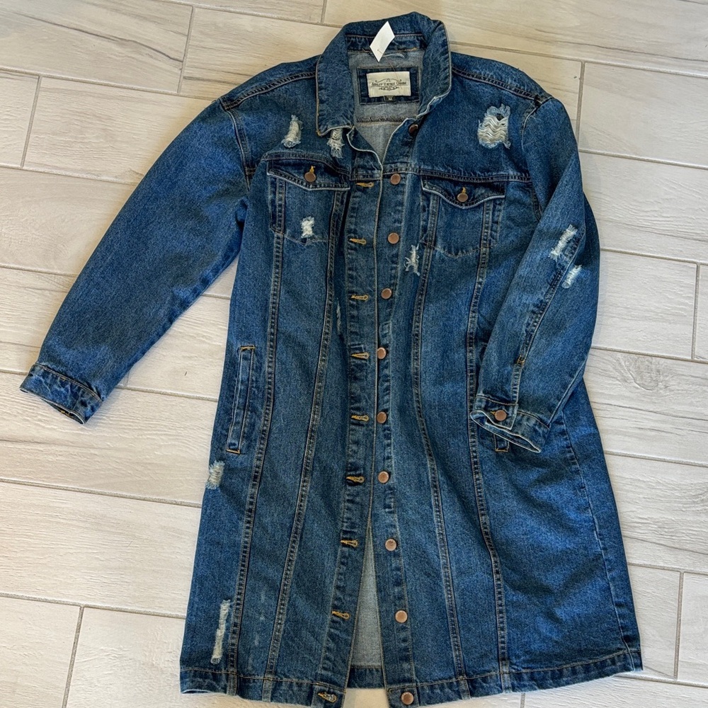Long (knee length) vintage Jean jacket with button details